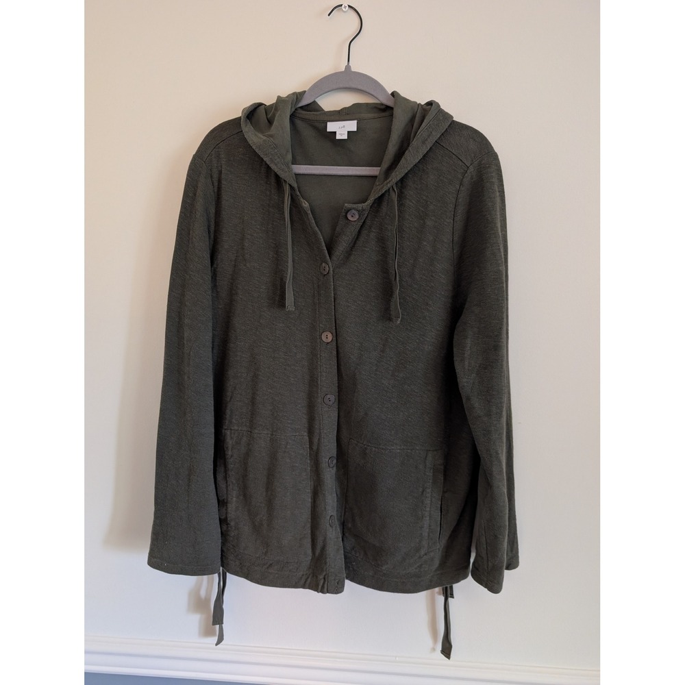 J. Jill Olive Green Cotton Linen Slub Button Front Hoodie Jacket XL coastal